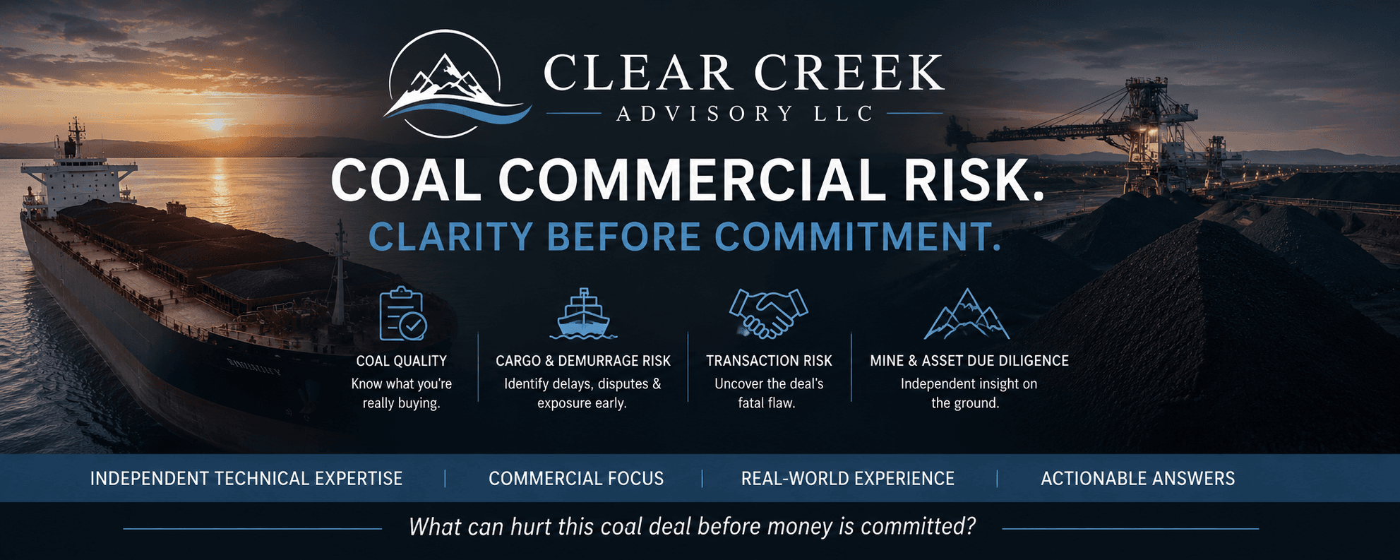 Clear Creek Advisory coal commercial risk banner showing coal vessel, terminal, cargo risk, transaction risk, and mine due diligence